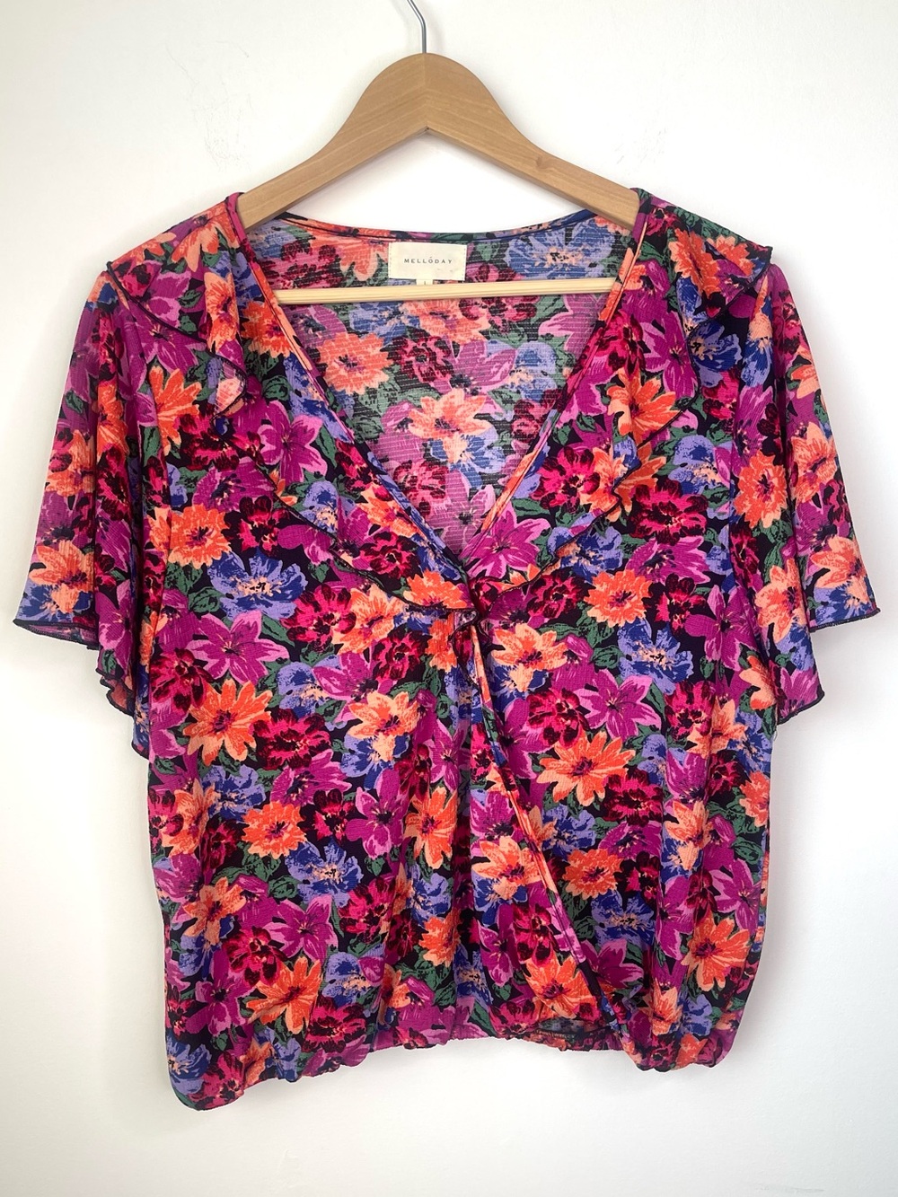 MELLODAY Vibrant Floral Blouse - Pink and Orange Size Large